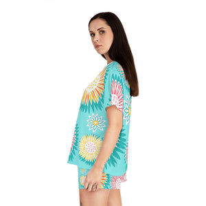 Pastel Pink and Teal Floral Pattern Bright Women's Short Pajama Set (AOP)