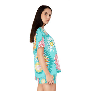 Pastel Pink and Teal Floral Pattern Bright Women's Short Pajama Set (AOP)