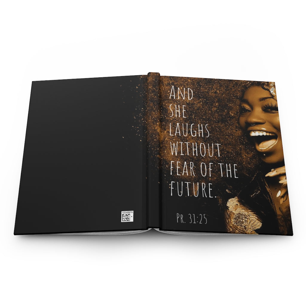 She Laughs Inspirational Hardcover Journal Matte, Ethnic Journal with Bible Quote, Empowerment Journal design, black woman on inspirational journal