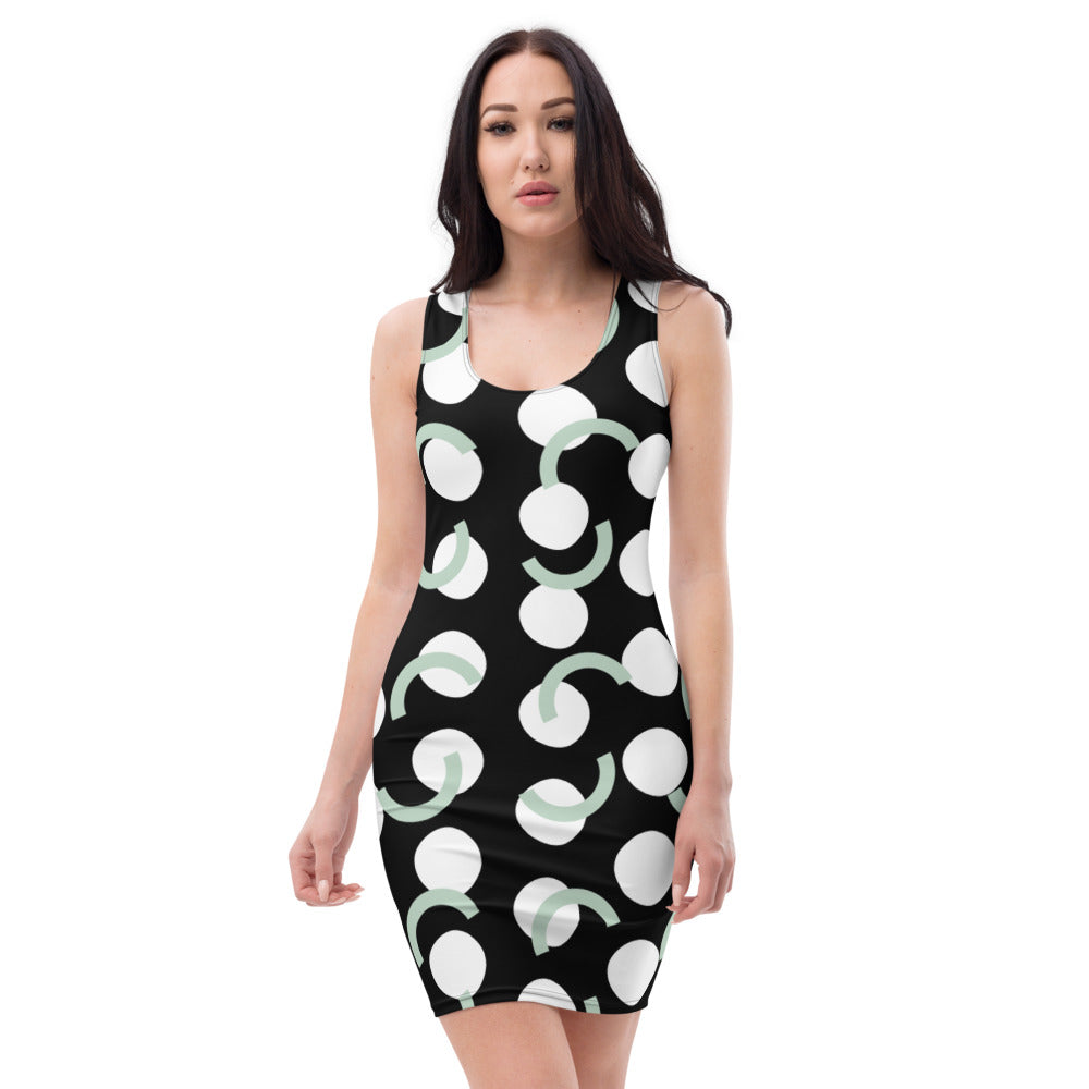 Green Semi-Circle and White Circle Black Tank Top Dress, Green, Black and White Circle Stretchy Dress for Summer