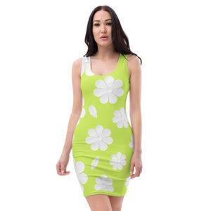 Lime Green Stretchy Dress with White Flowers, Green Yellow Tank Top Summer Mini Dress