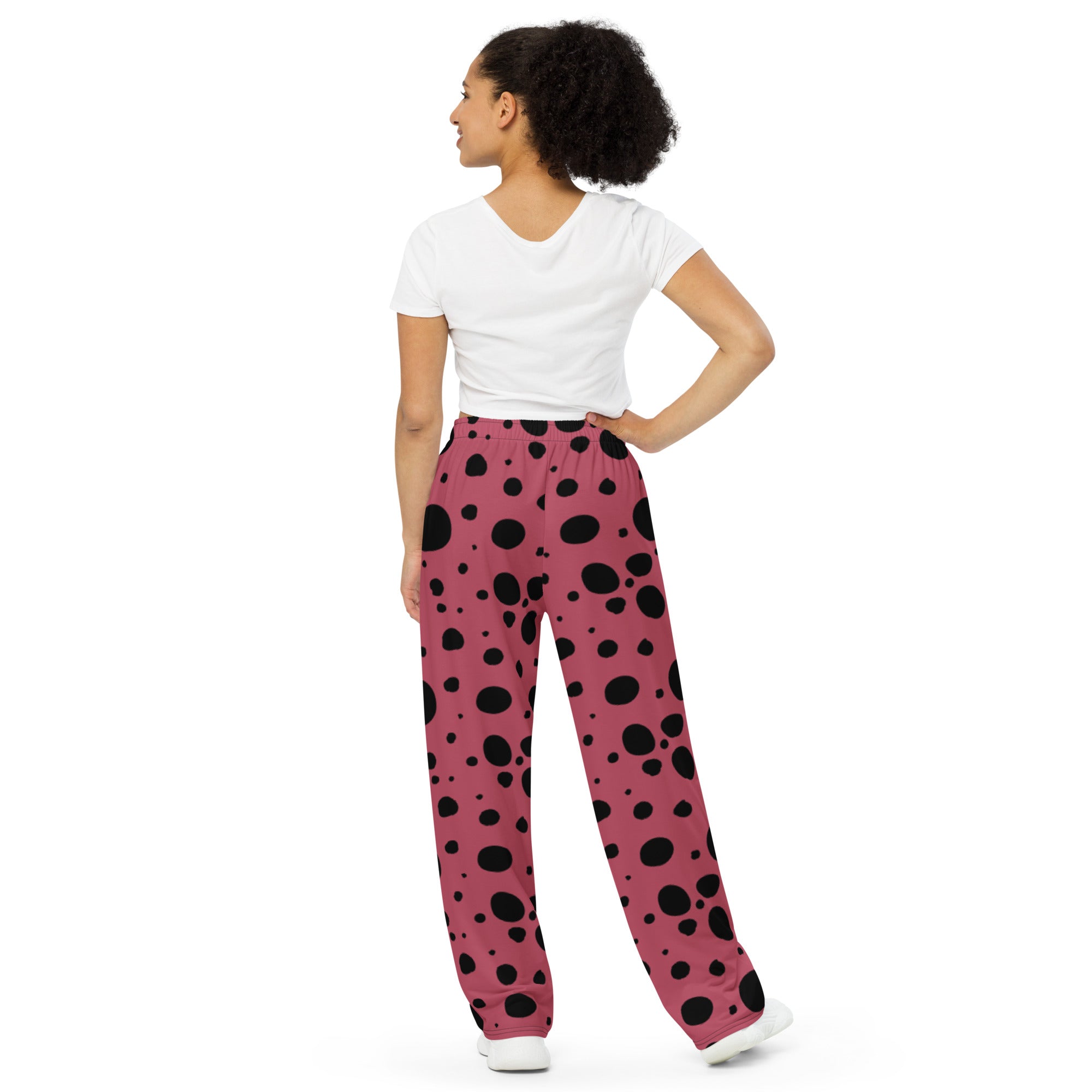 Hot Pink and Black Dalmation Dots Unisex wide-leg pants, Pink and Black Animal Print Wide Leg Casual Pants, Animal Print Work at Home Pants