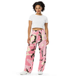 Pink Fatigue Lounge Work at Home Unisex Wide-Leg Pants with Pockets, Pink and Tan Fatigue Casual Pants