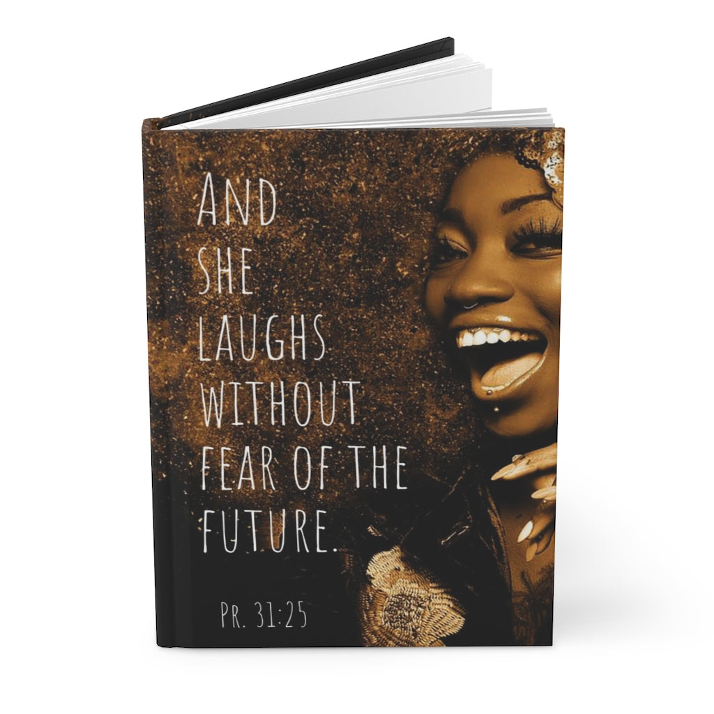 She Laughs Inspirational Hardcover Journal Matte, Ethnic Journal with Bible Quote, Empowerment Journal design, black woman on inspirational journal