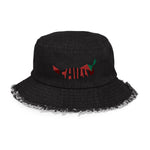 Chillin Distressed denim bucket hat, Black Distressed Denim Bucket Hat with Red Chili Embroidered